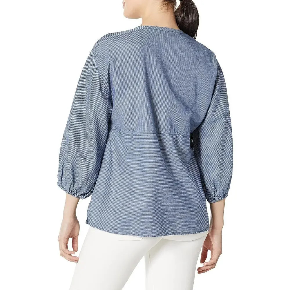 Lucky Brand Womens Striped Popover Top Indigo Multi Small Casual Cotton Lyocell - Picture 2 of 12